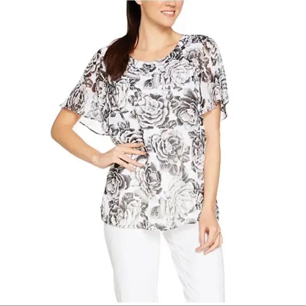 Isaac Mizrahi Floral Print Flounce Sleeves Woven Blouse
